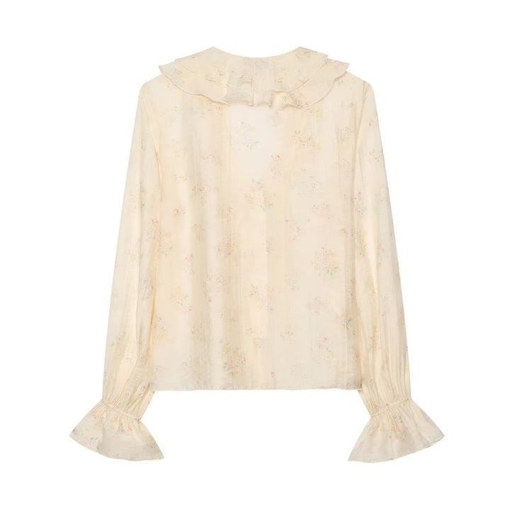 Women Lightweight Chiffon Blouse with Ruffle Collar, Deep V-Neck and Ruffled Trumpet Sleeves Drune