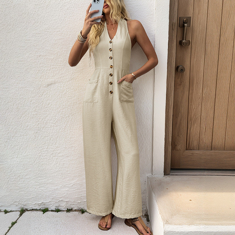 Women Sleeveless Linen Look Jumpsuit with V-Neck, Button Placket and Wide Leg Mune Fashion