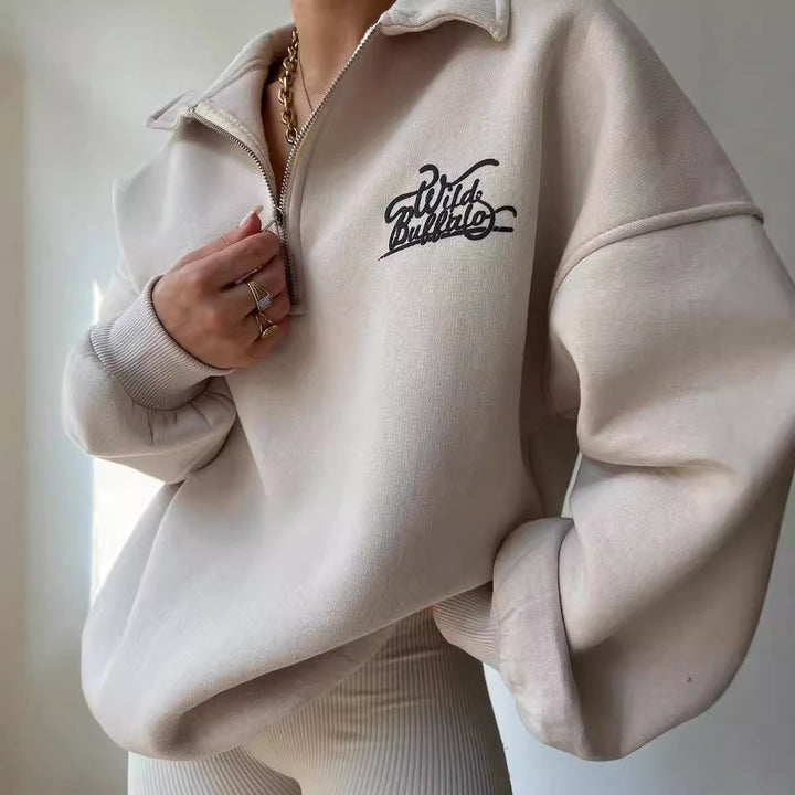 Women's Oversized Halfzip Sweatshirt with Stand Collar and Embroidered Logo Mune Fashion