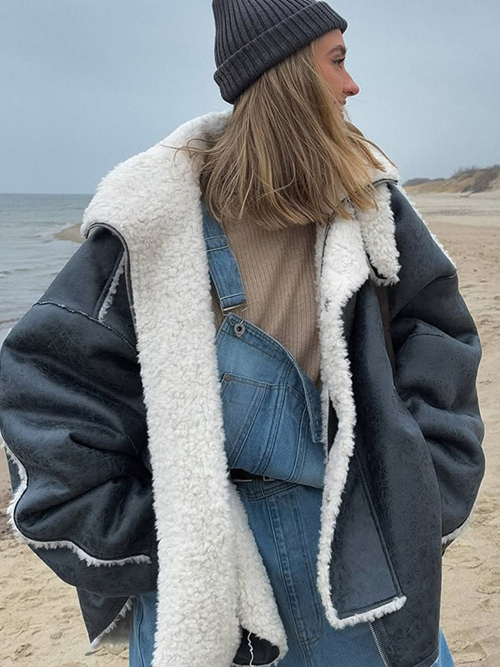 Women's Oversize Pilot Jacket in Vintage Look with Sherpa Lining and Contrast Trimmings Mune Fashion