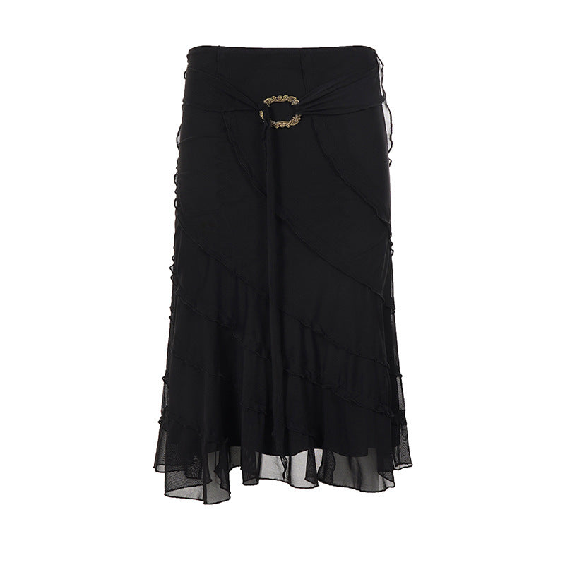 Women's midi skirt made of chiffon with layers, asymmetrical seam lines and decorative belt Mune Fashion