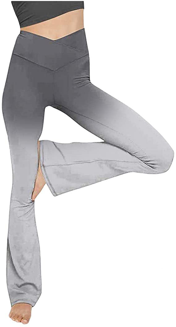 Women's mid-rise yoga pants with crossover waistband and flared hem with slit Mune Fashion