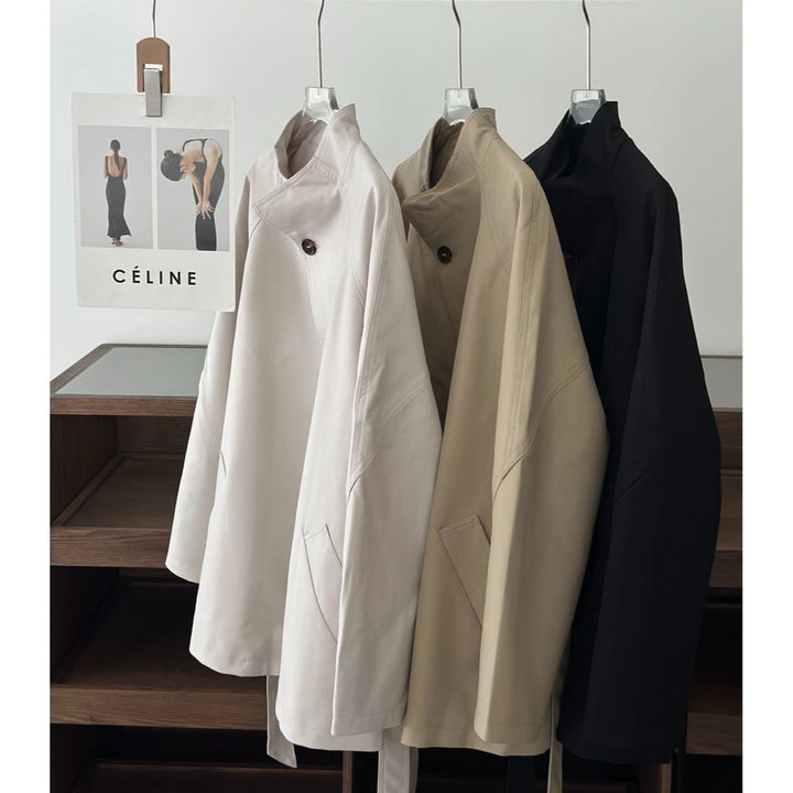 Women Tailored Transitional Parka with Tie Belt and Checked Sleeve Trim Mune Fashion