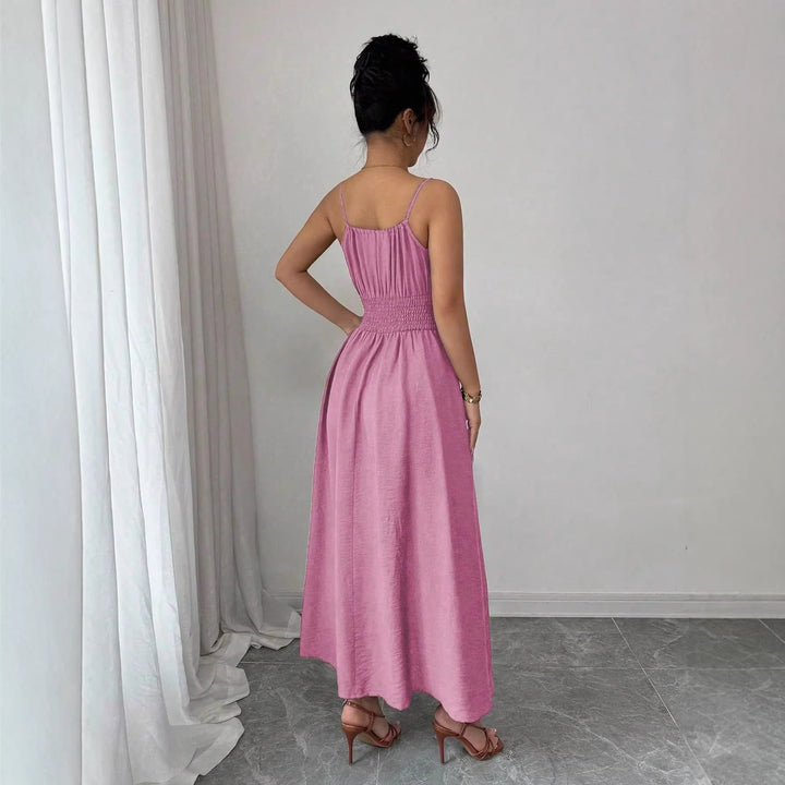 Women’s midi dress with smocked waistband, spaghetti straps, and tie cord Mune Fashion