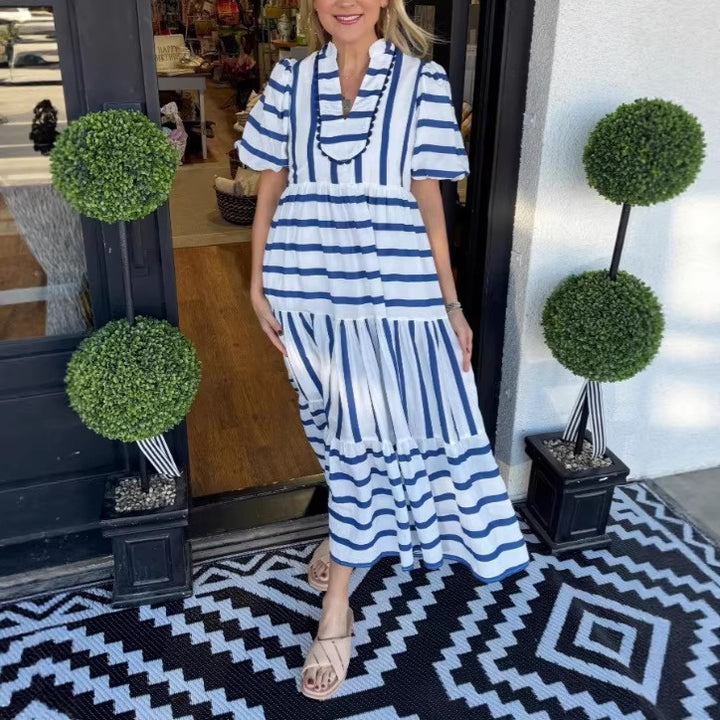 Women Striped Maxi Dress with Tiered Skirt, Ruffle Trim and Puff Sleeves Mune Fashion