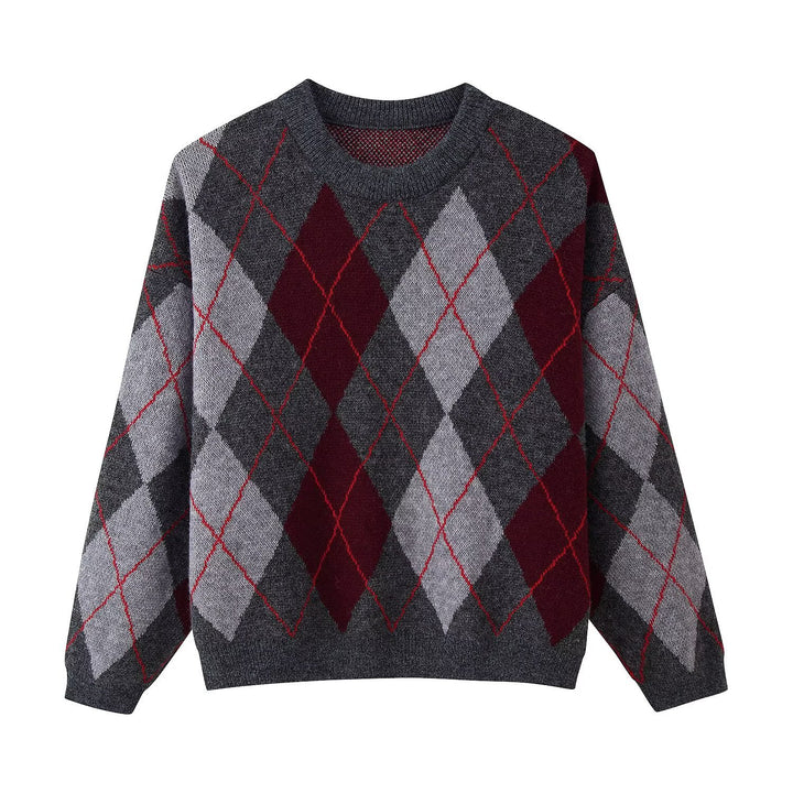 Women's Diamond Argyle Knit Sweater with Round Neck and Slightly Oversized Cut Mune Fashion
