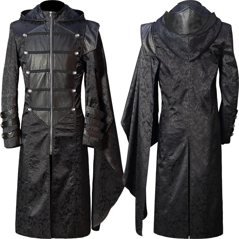 Men's Gothic Victorian Hooded Cloak made of Brocade with Asymmetrical Cape Shoulder and Artificial Leather Details Mune Fashion