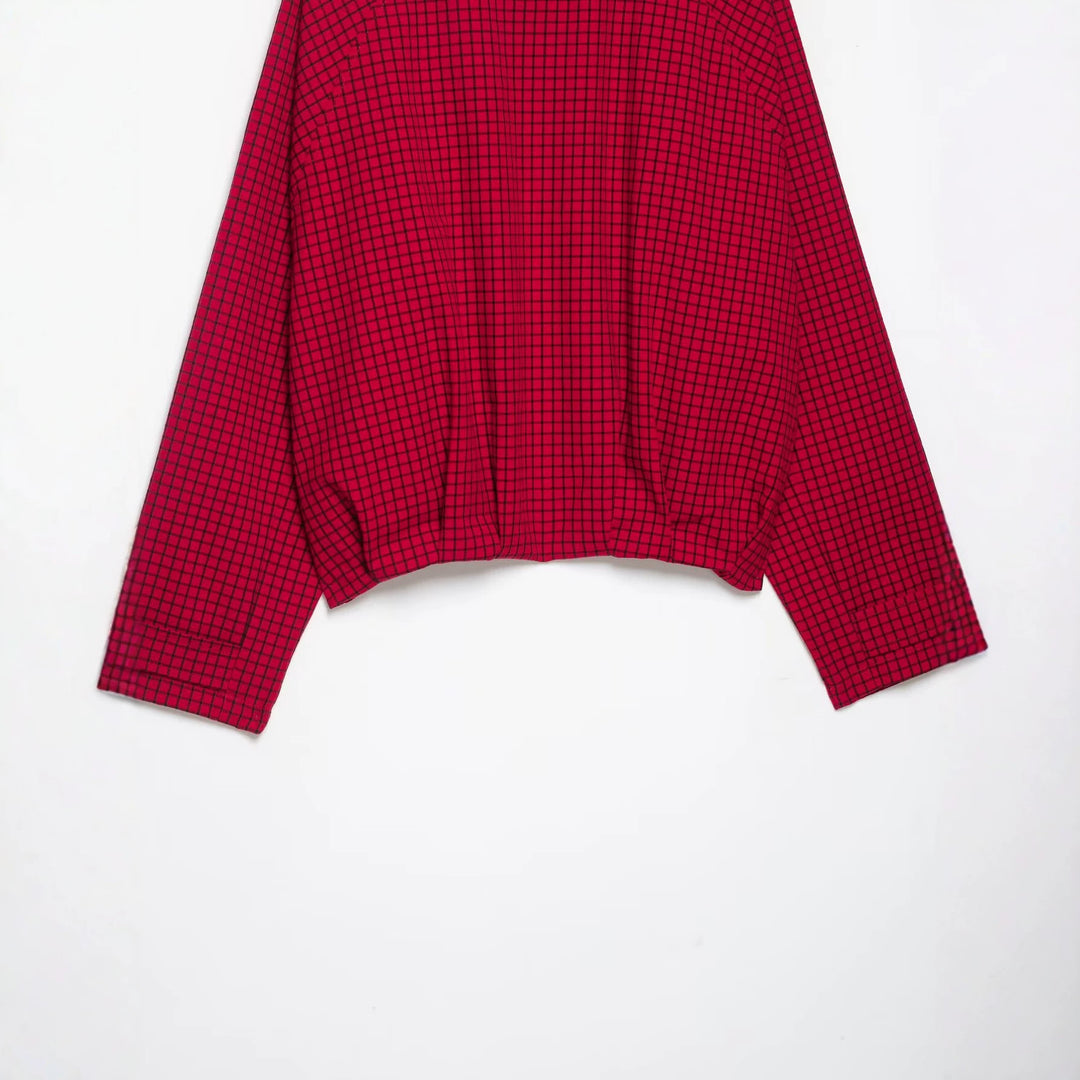 Women's Cropped Transition Jacket with High Funnel Collar, Check Pattern and Elastic Hem Mune Fashion