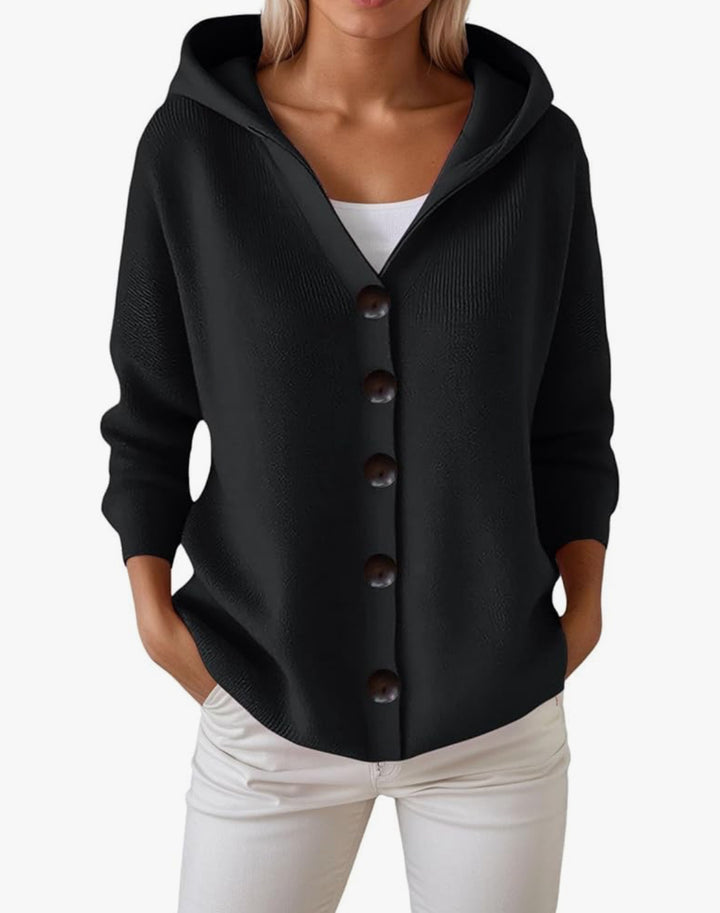 Women's hooded cardigan with large wooden buttons and side pockets Mune Fashion