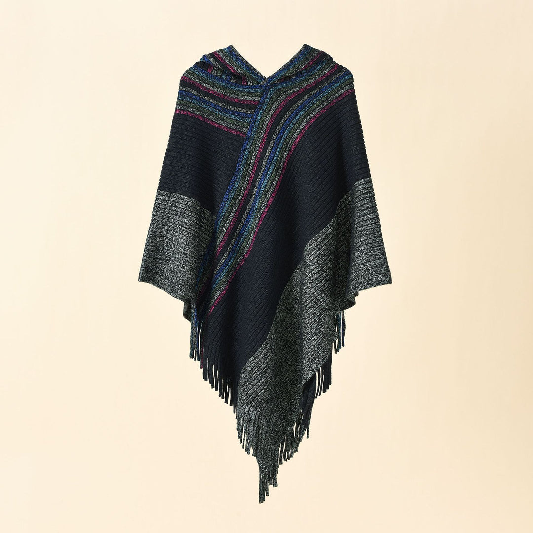 Women's Hooded Poncho in Chunky Knit with Fringe Hem Mune Fashion