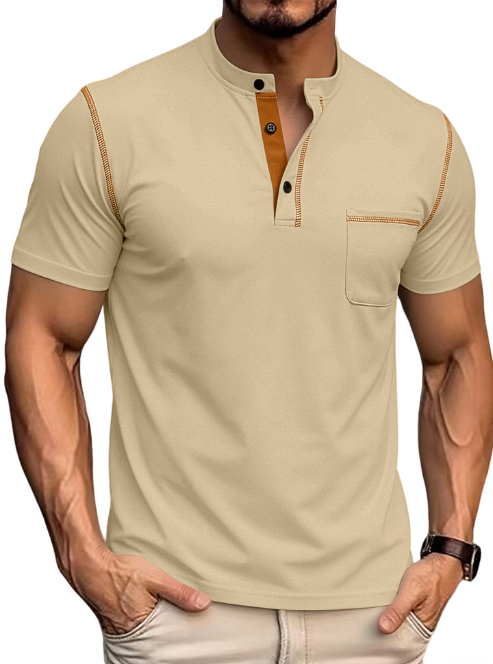 Men's short-sleeved Henley shirt with stand-up collar, chest pocket, and contrasting decorative stitching Mune Fashion