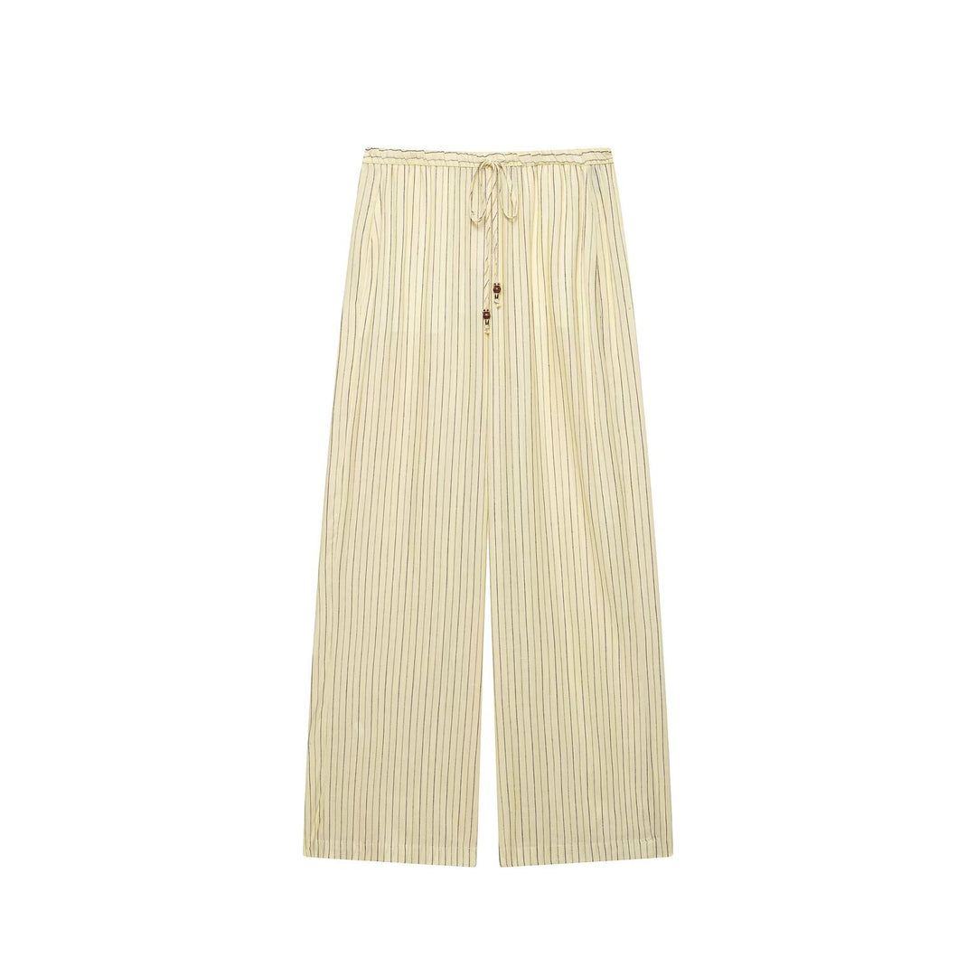 Women two-piece striped set of blouse with stand-up collar and wide palazzo pants Drune
