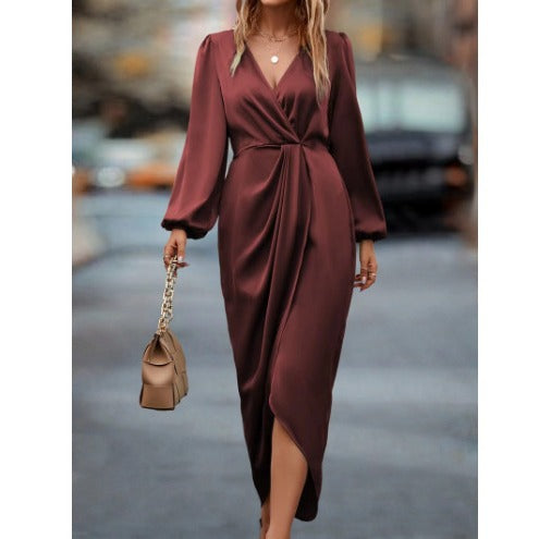Women's tailored draped midi dress with V-neck, gathering, balloon sleeves, and side wrap slit Mune Fashion