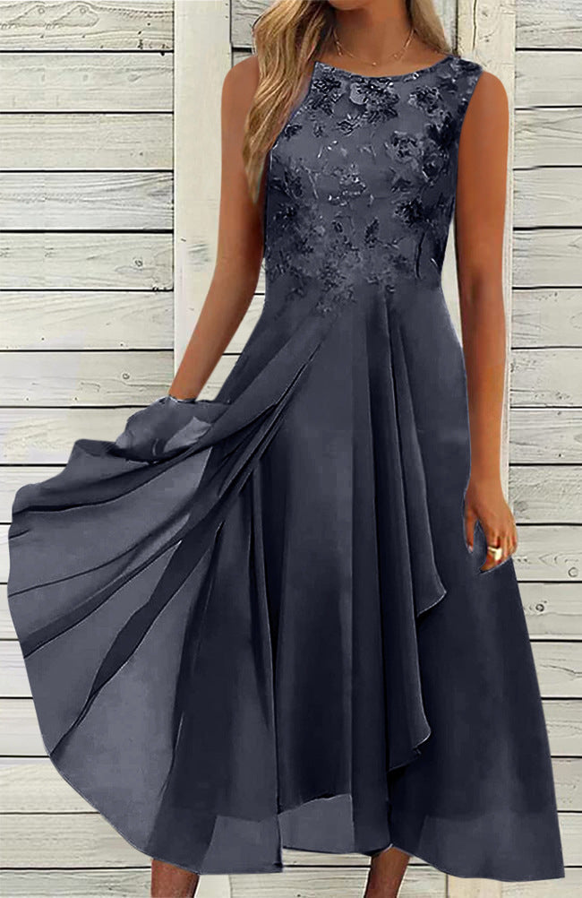 Women’s sleeveless chiffon midi dress with embroidered bodice and asymmetric layered skirt Mune Fashion