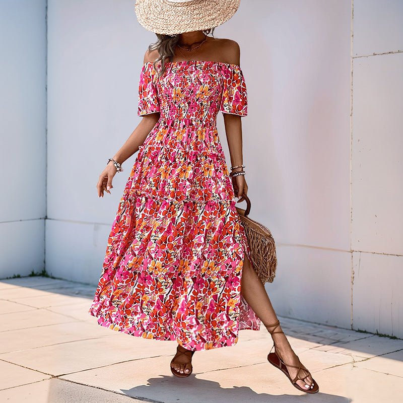 Women's Tiered Maxi Dress with Off-the-Shoulder Neckline, Smocked Bustier and Side Slit Mune Fashion