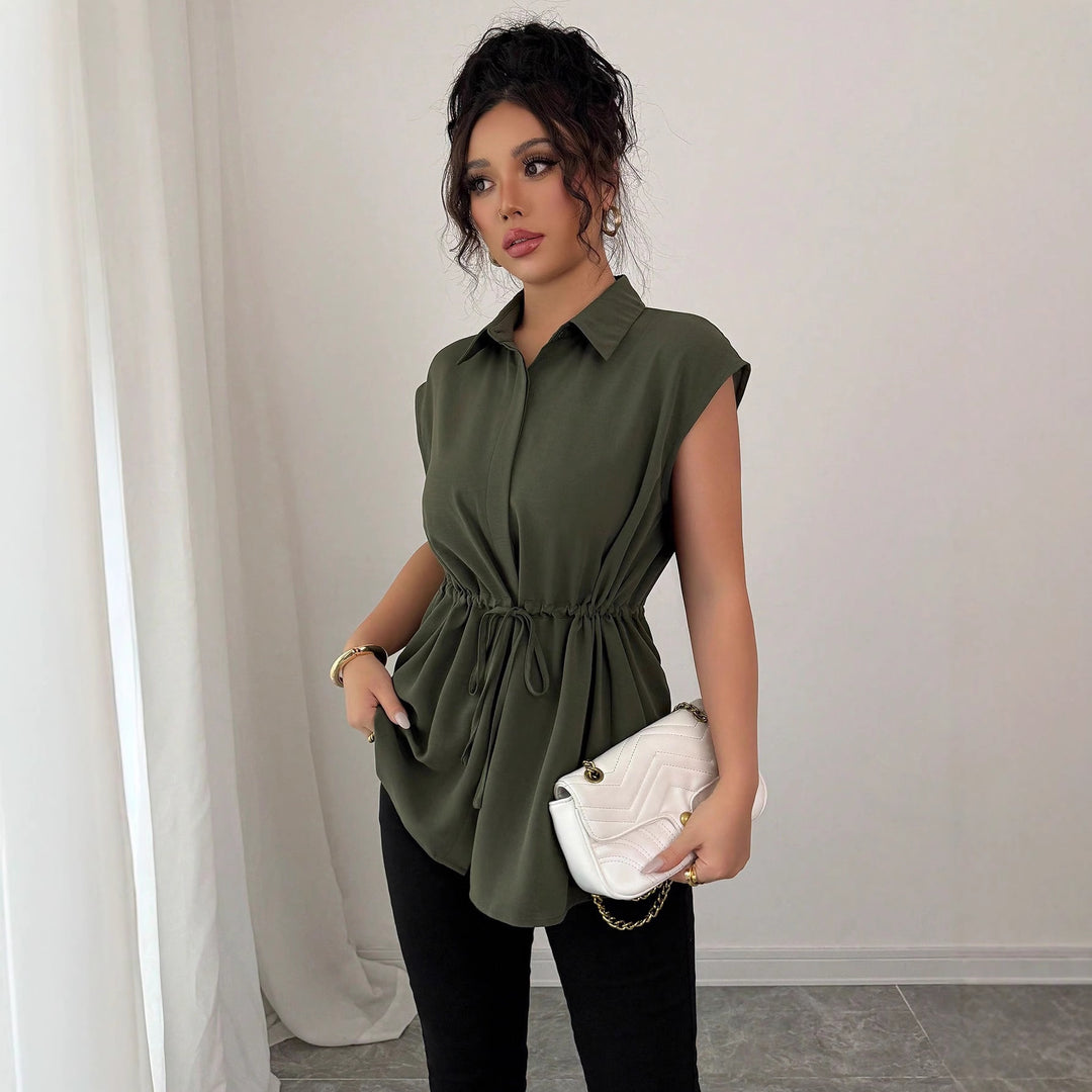 Women's Sleeveless Shirt Blouse Tunic with Drawstring Waistband Mune Fashion