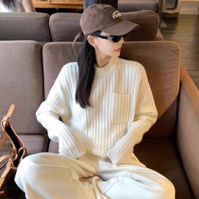 Women's Oversized Rib Knit Sweater with Chest Pocket and Mock Neck Mune Fashion
