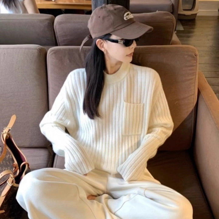 Women's Oversized Rib Knit Sweater with Chest Pocket and Mock Neck Mune Fashion