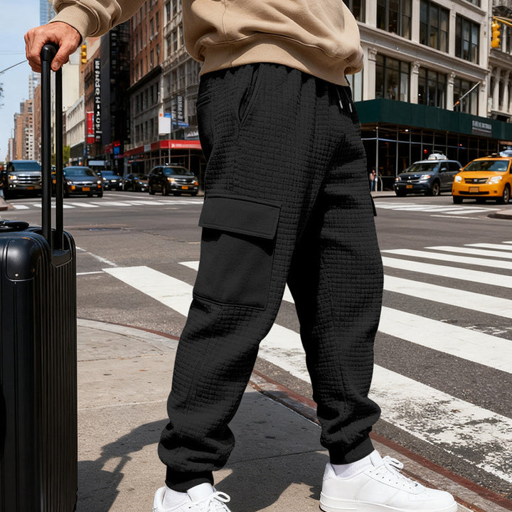 Men's Textured Cargo Jogging Pants with Drawstring, Snap Flap Pockets and Ribbed Cuffs Mune Fashion