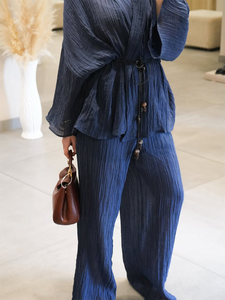Women's Lightweight Crinkle Two-Piece with Wrap Top, Beaded Band & Wide Palazzo Pants Mune Fashion