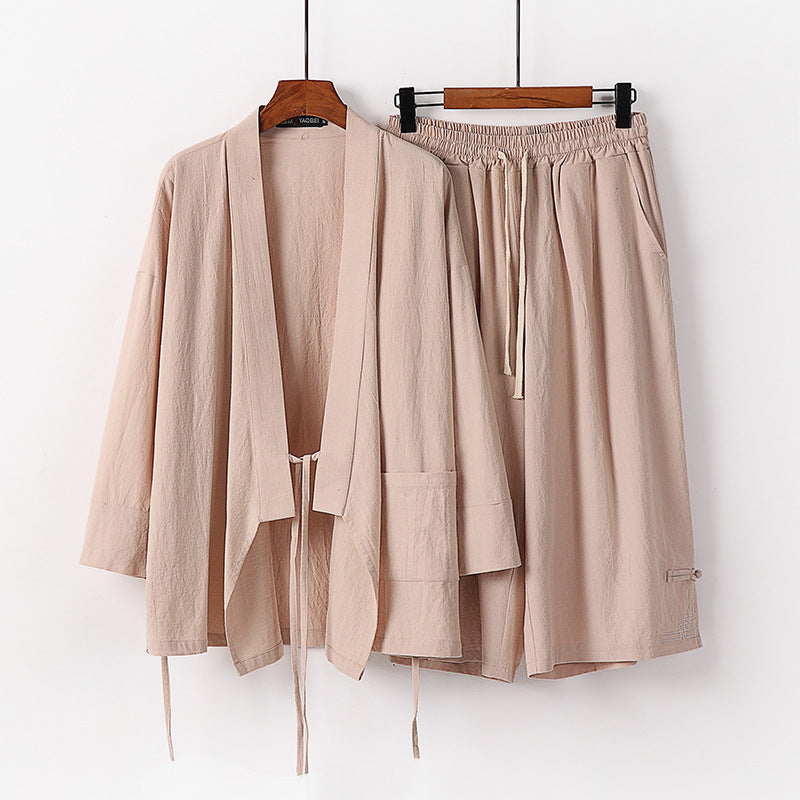 Women's Zen-Kimono-Lounge-Set made of breathable cotton blend with tie waist jacket and wide culotte pants Mune Fashion