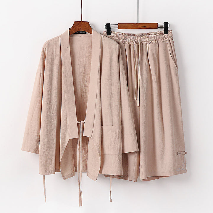 Women's Zen-Kimono-Lounge-Set made of breathable cotton blend with tie waist jacket and wide culotte pants Mune Fashion