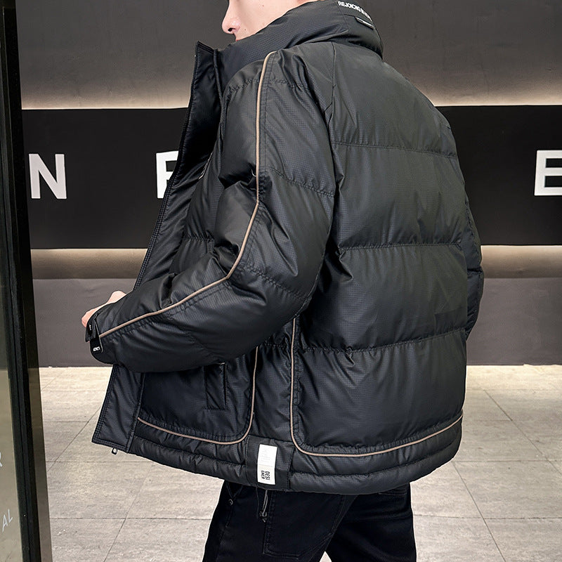 Men's Padded Quilted Jacket with High Collar, Press Stud Placket & Contrasting Side Stripe Mune Fashion