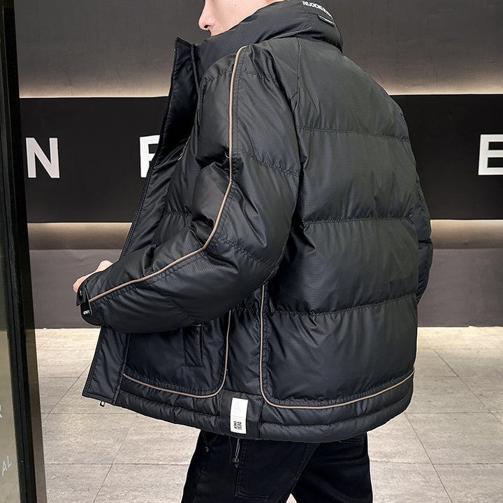 Men's Padded Quilted Jacket with High Collar, Press Stud Placket & Contrasting Side Stripe Mune Fashion