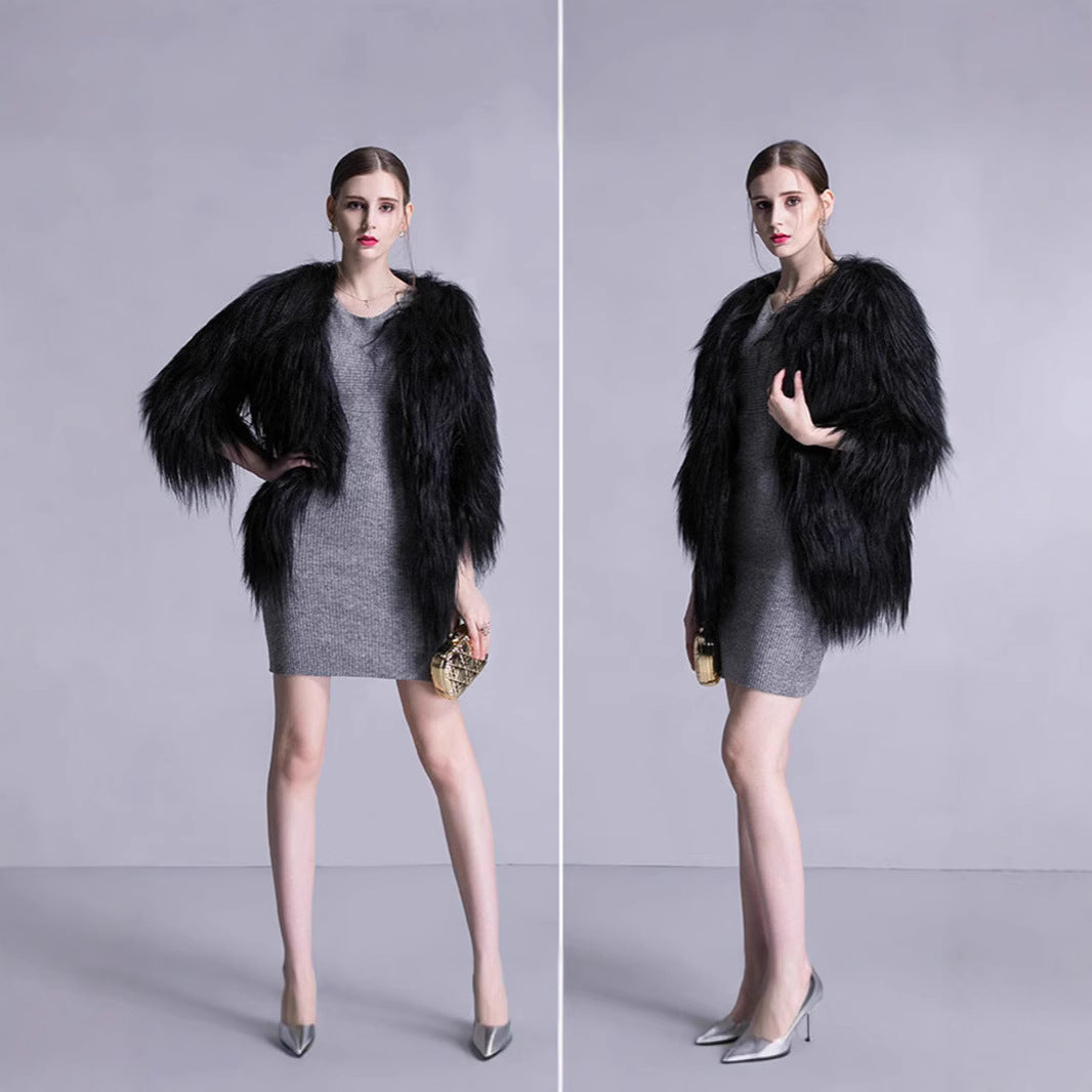 Women Long-Pile Faux Fur Coat with Open Front and Elegant Silhouette Mune Fashion