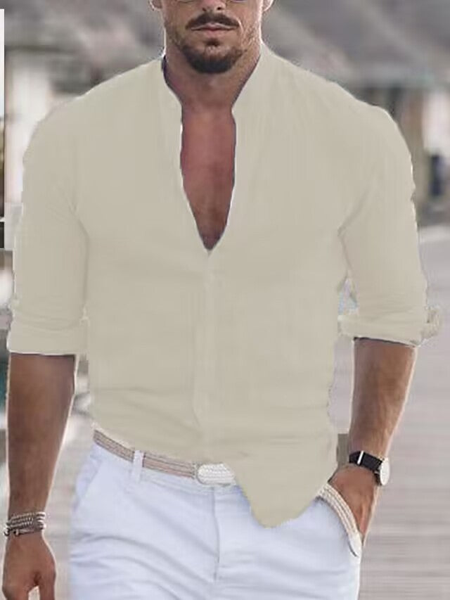 Men's Casual Linen Shirt with Modern Stand-Up Collar and Roll-Up Sleeves Mune Fashion