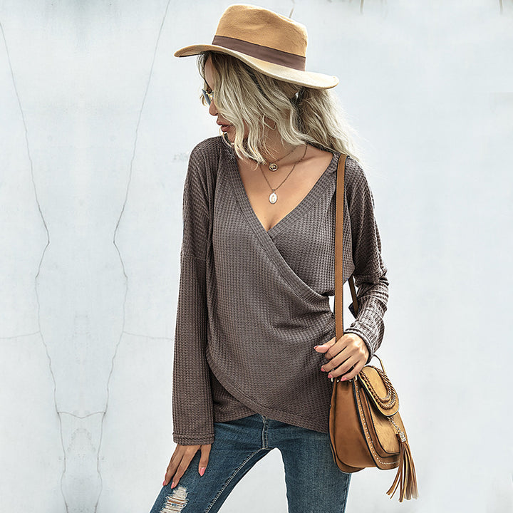 Women's Waffle Knit Wrap Shirt with V-Neck and Long Sleeves Mune Fashion