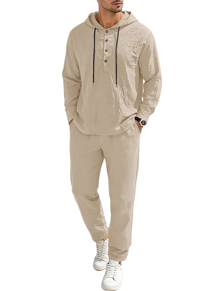 Men's relaxed hoodie Henley leisure suit made of lightweight cotton blend with linen look, featuring drawstring and elastic waistband pants Mune Fashion