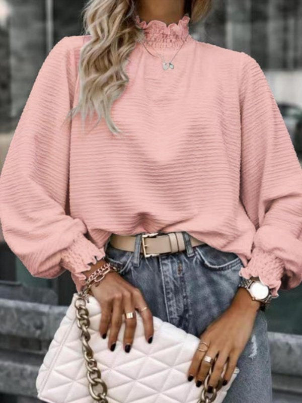 Women Loose Structured Long Sleeve Top with Ruffle Collar and Smocked Cuffs Drune