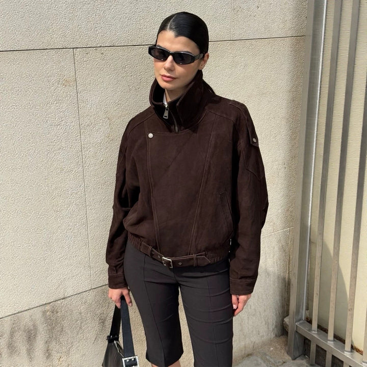 Women Short Velour Leather Bomber Jacket with High Stand-Up Collar and Waist Belt Mune Fashion