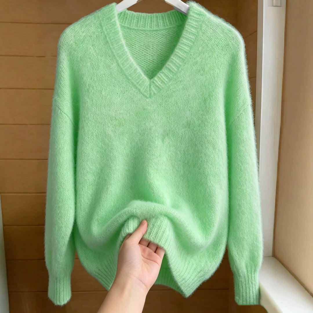 Women Fluffy Mohair-Mix Oversize Sweater with Deep V Neck Mune Fashion