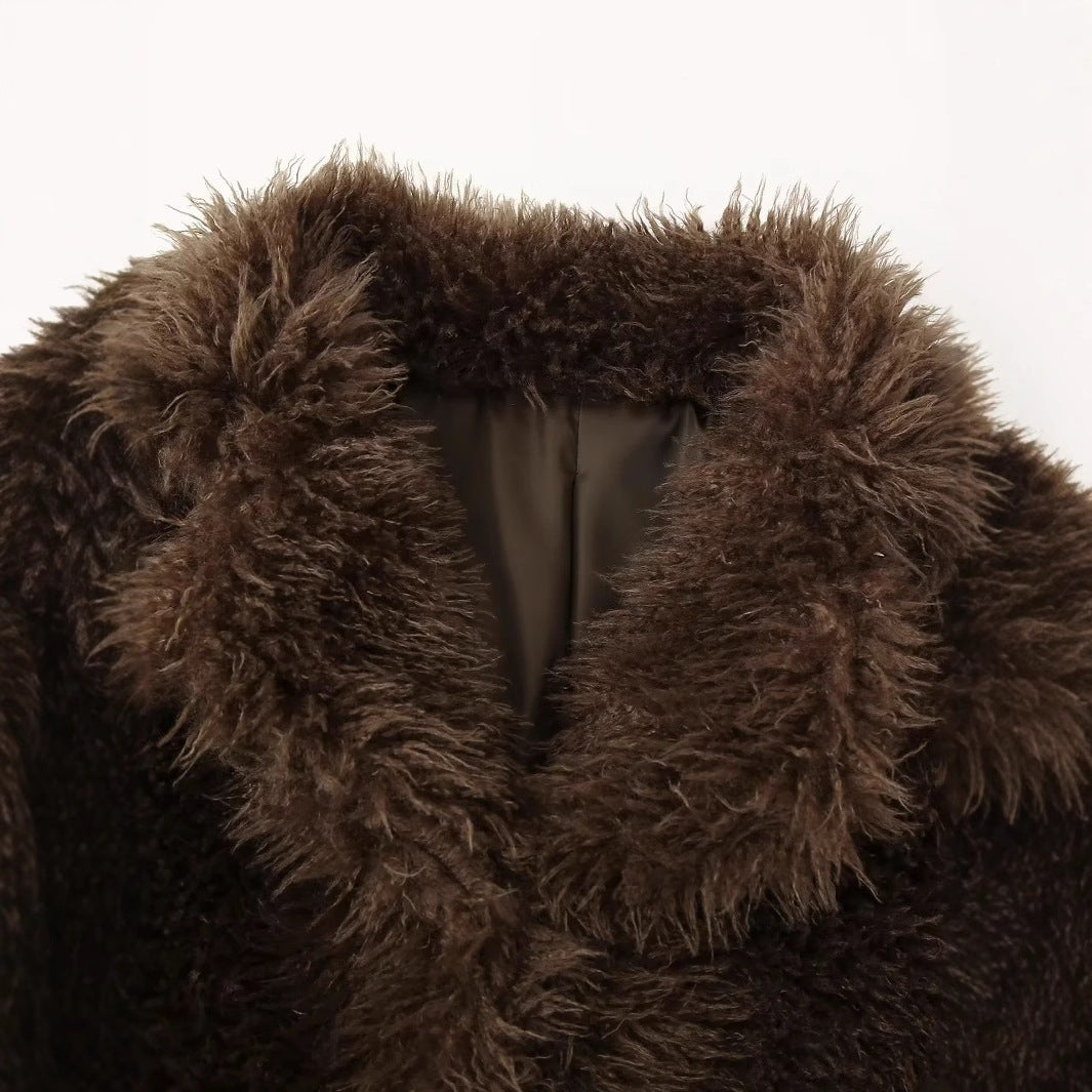 Women's faux fur shaggy blouson with voluminous shawl collar and hidden hook closure Mune Fashion