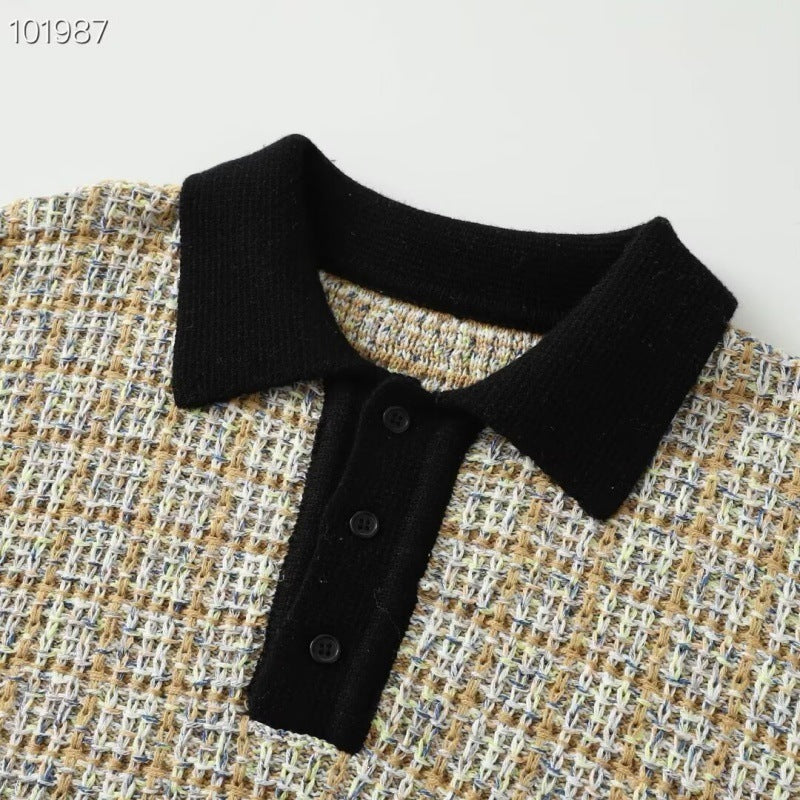 Women's Fine Knit Polo with Tweed Look, Long Sleeve and Contrasting Collar Mune Fashion