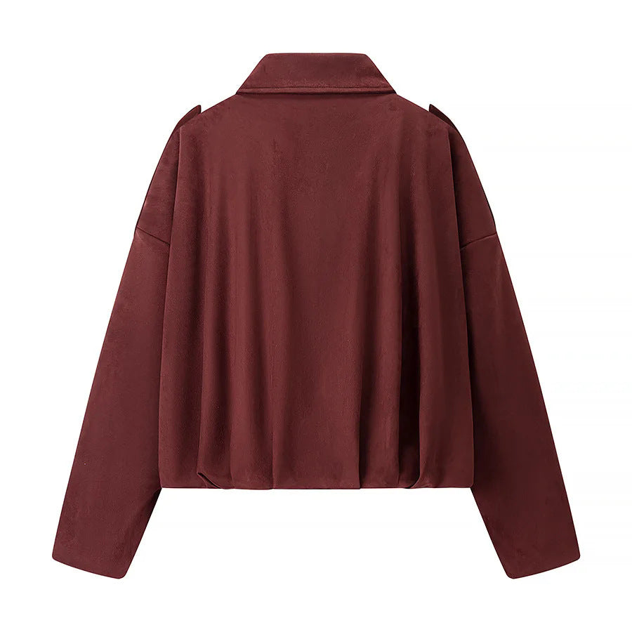 Women's cropped boxy blouse jacket with shirt collar, concealed front placket, and elastic hem Mune Fashion