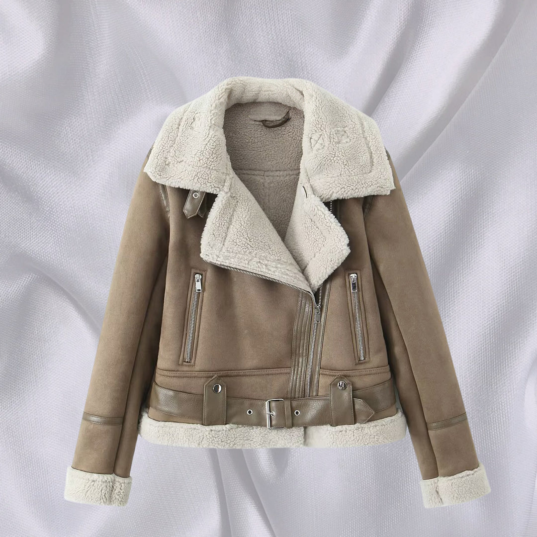Women's Short Cut Lambskin Imitation Biker Jacket with Asymmetric Zipper, Belt and Teddy Lining Mune Fashion