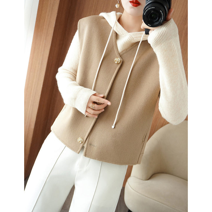 Women’s Layering Knit Jacket with Hood and Sleeveless Wool Blend Vest Mune Fashion