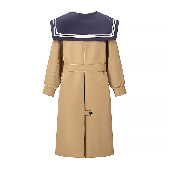 Women's trench coat with oversized sailor collar, waist belt, and concealed button placket Mune Fashion