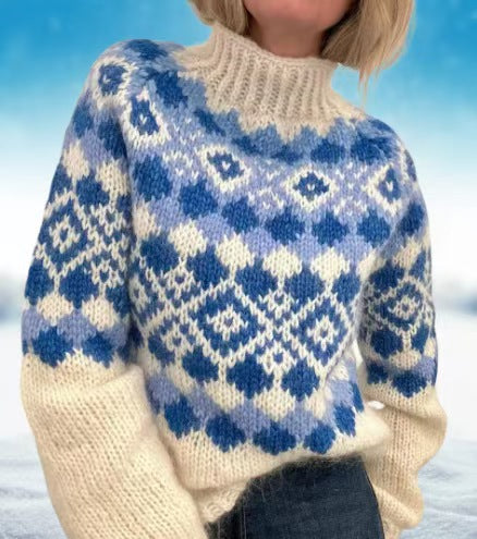 Women's cozy Norwegian knit sweater with stand-up collar and oversized fit Mune Fashion