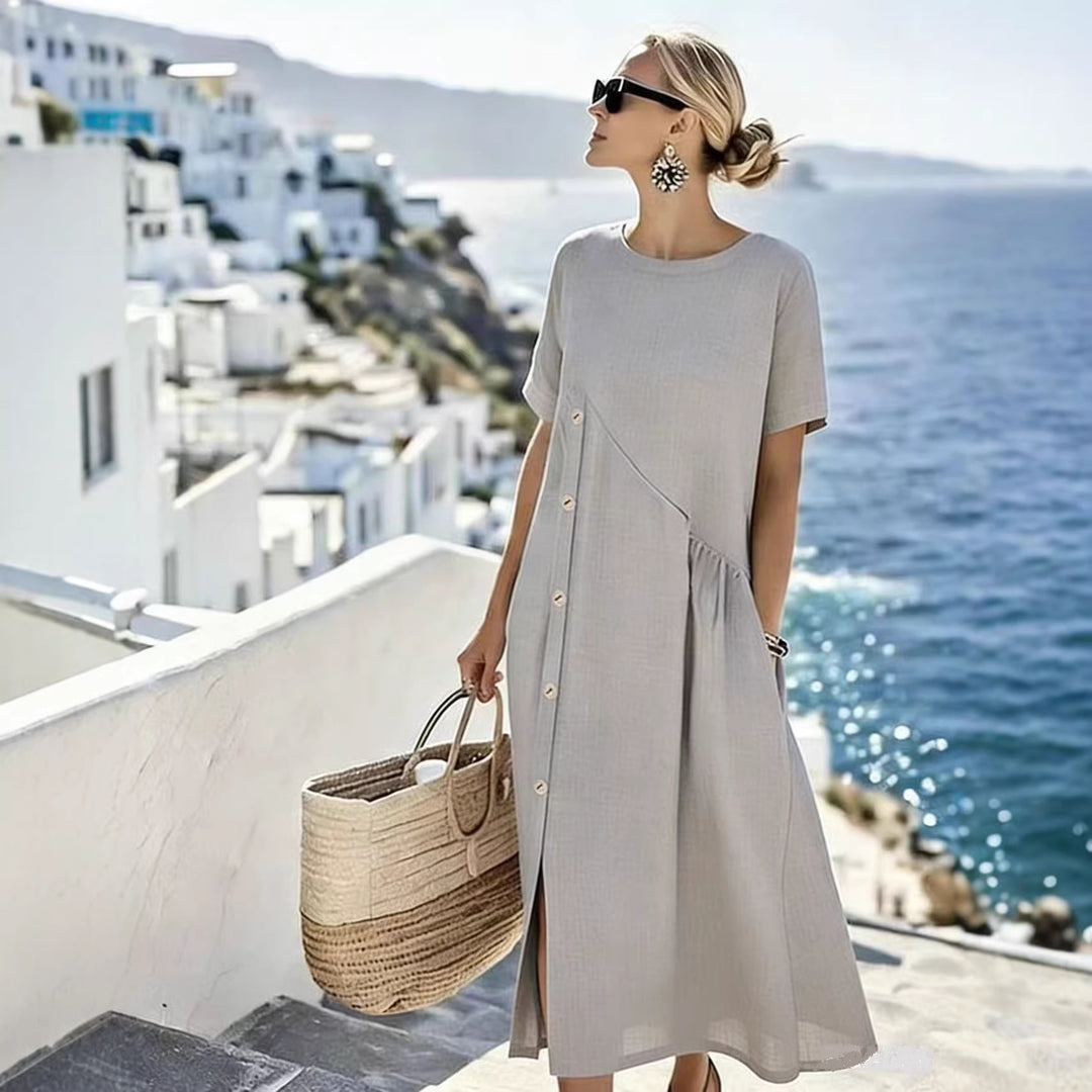 Women's Airy Summer Dress with Side Button Placket, Short Sleeves and Slit Mune Fashion