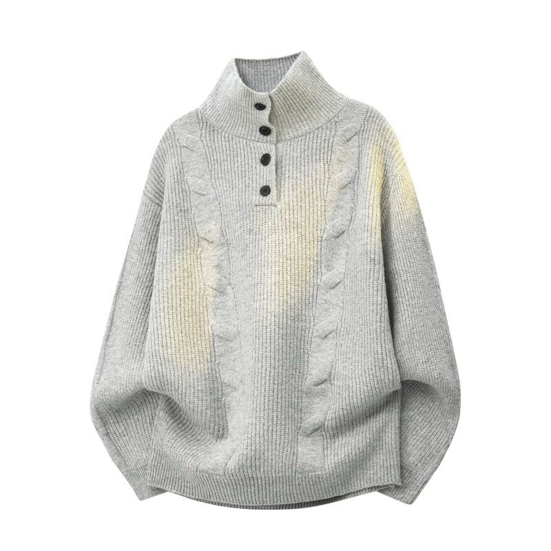 Women Oversize Cable Knit Sweater with High Roll Neck and Button Placket Mune Fashion