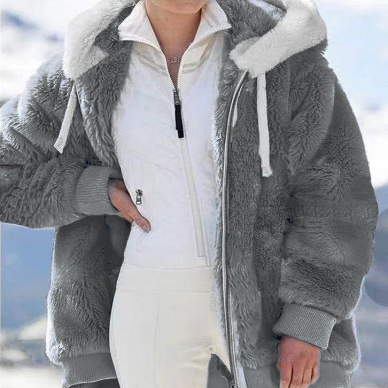 Women's Oversized Sherpa Zip Jacket with Contrast Collar, Ribbed Cuffs, and Drawstring Mune Fashion