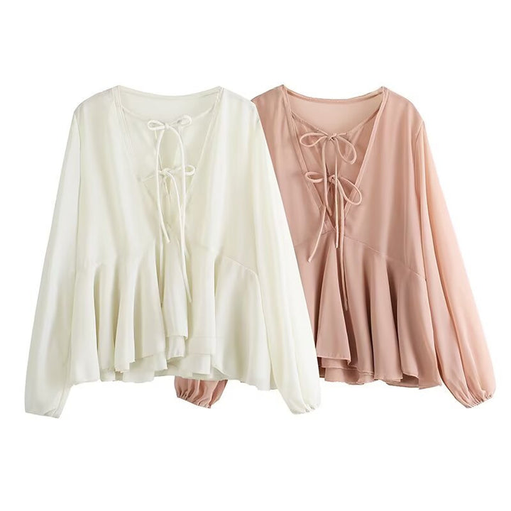 Women Soft Chiffon Blouse with Lacing, V-Neck and Ruffle Hem Mune Fashion