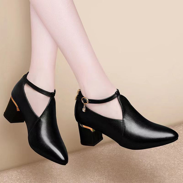Ladies pointy-toed pumps with cut-out, ankle strap, heel zipper, and mid-high block heel Mune Fashion