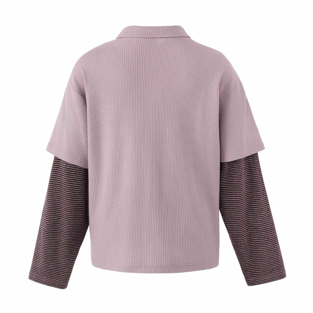 Women's Casual Layered Polo Shirt with Ribbed Texture and Striped Insert Sleeves Mune Fashion