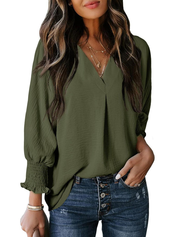 Women V-neck blouse with casual balloon sleeves and ruffle details Mune Fashion