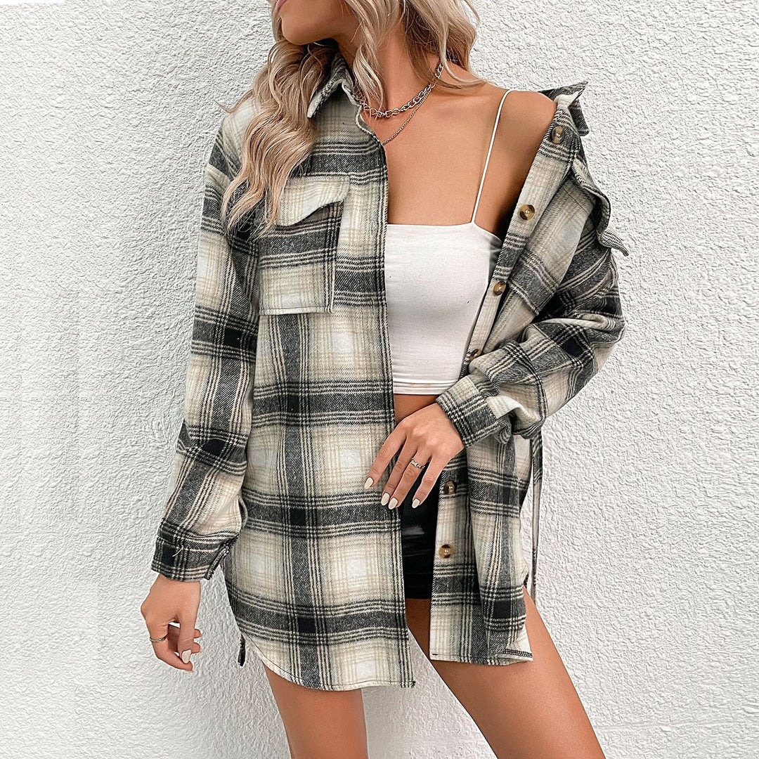 Women Checked Longline Shirt Coat with Button Placket and Waist Belt Mune Fashion